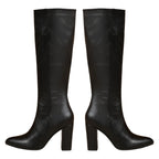 Elowen black knee high boots with pointed toe and block heel, pair