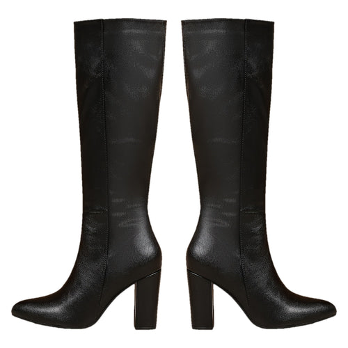 Elowen black knee high boots with pointed toe and block heel, pair