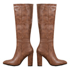 Elowen brown knee high boots in Caramel Brown with pointed toe and block heel, pair