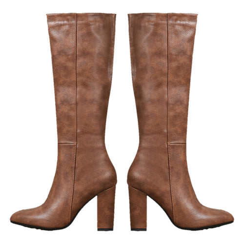 Elowen brown knee high boots in Caramel Brown with pointed toe and block heel, pair