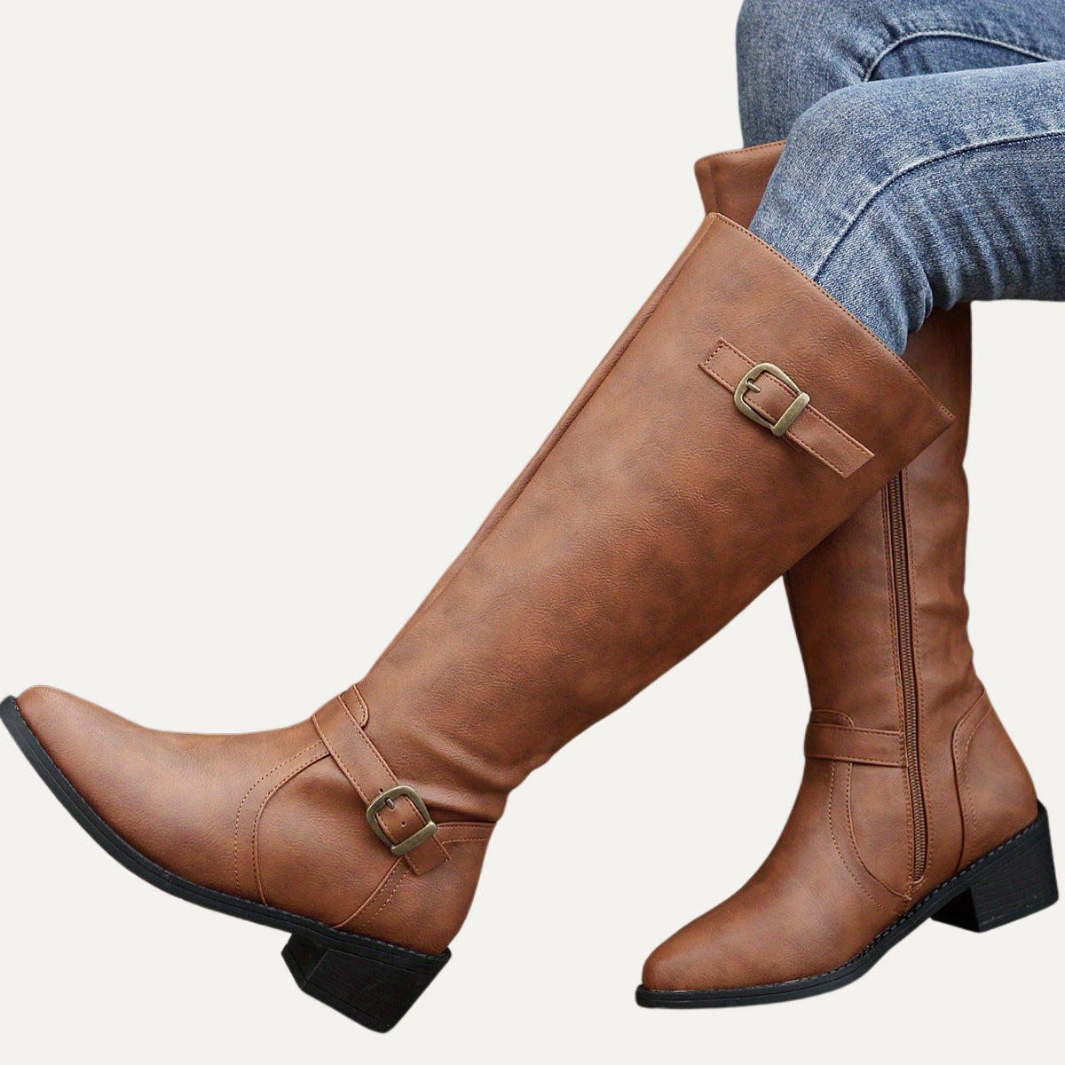 Georgiana knee-high riding boots in tan faux leather with buckle straps