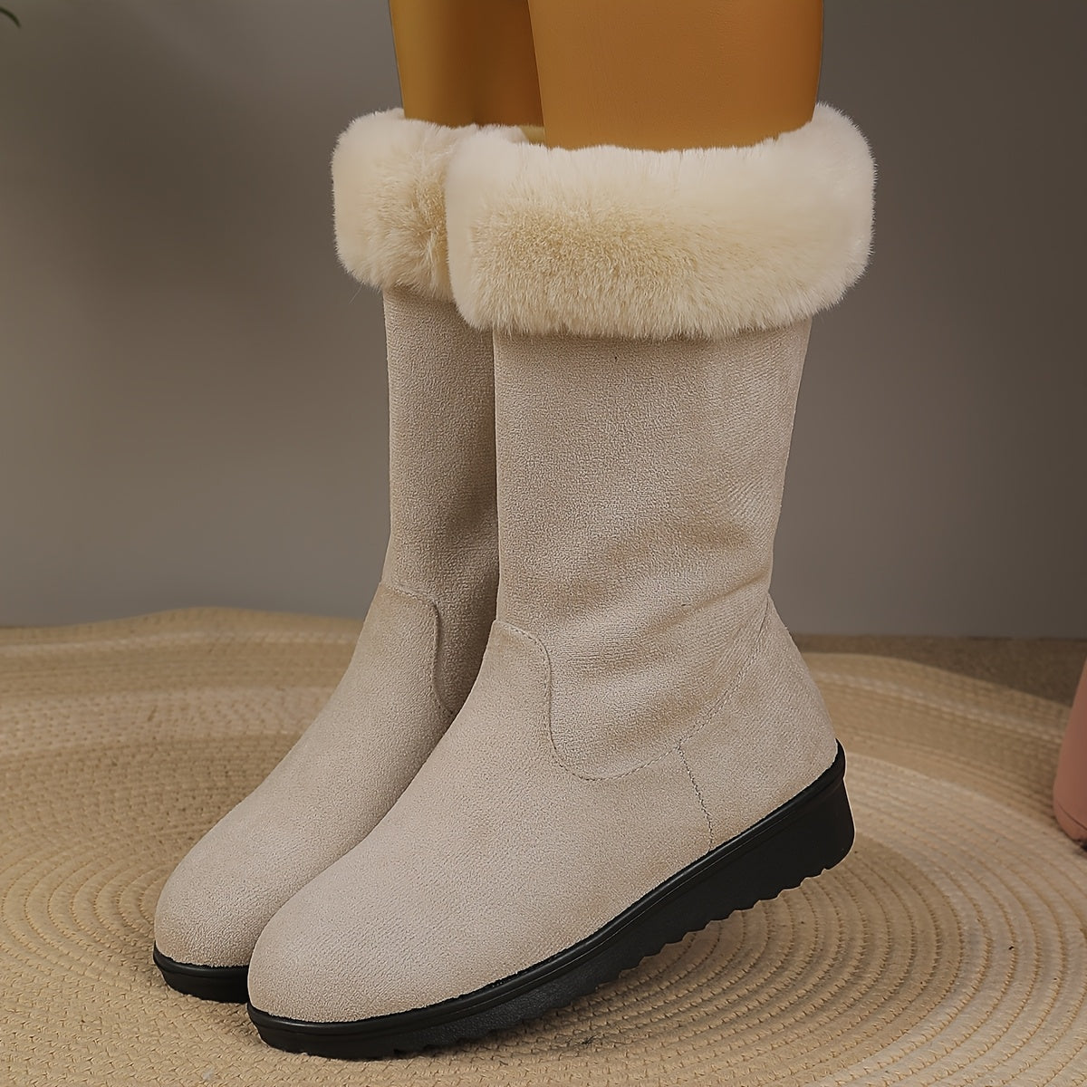 Hedda beige mid-calf snow boots with faux-fur cuff