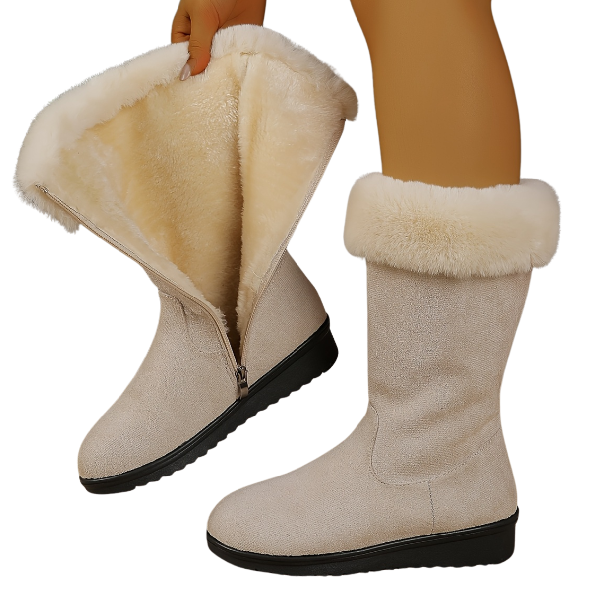 Hedda beige snow boots open side zip showing the plush faux-fur lining