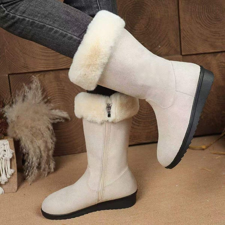 Hedda beige fur-lined winter boots worn