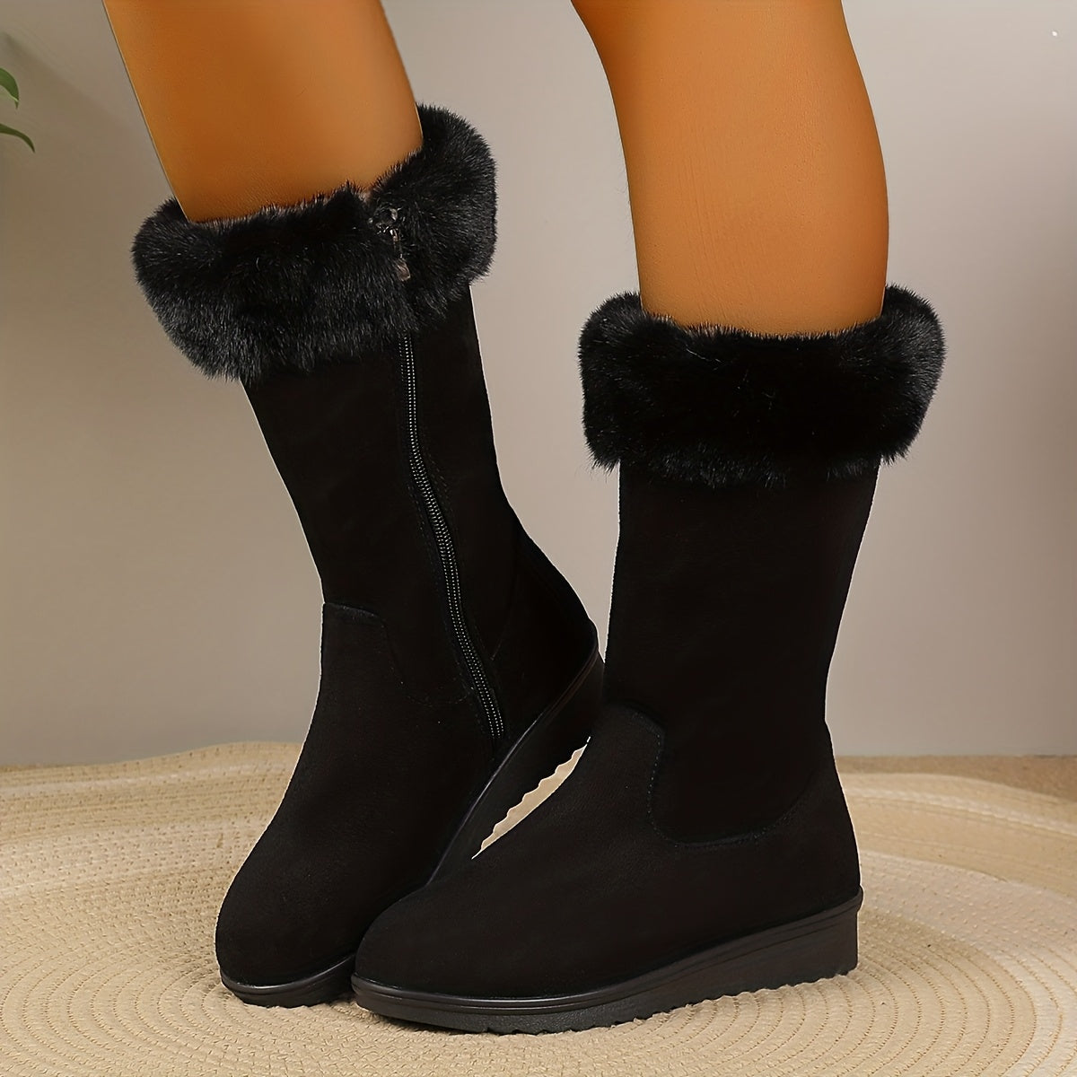 Hedda black faux suede snow boots showing the side zip