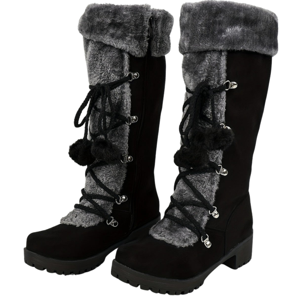 Hjordis black and grey faux-fur cuff lace-up winter boots