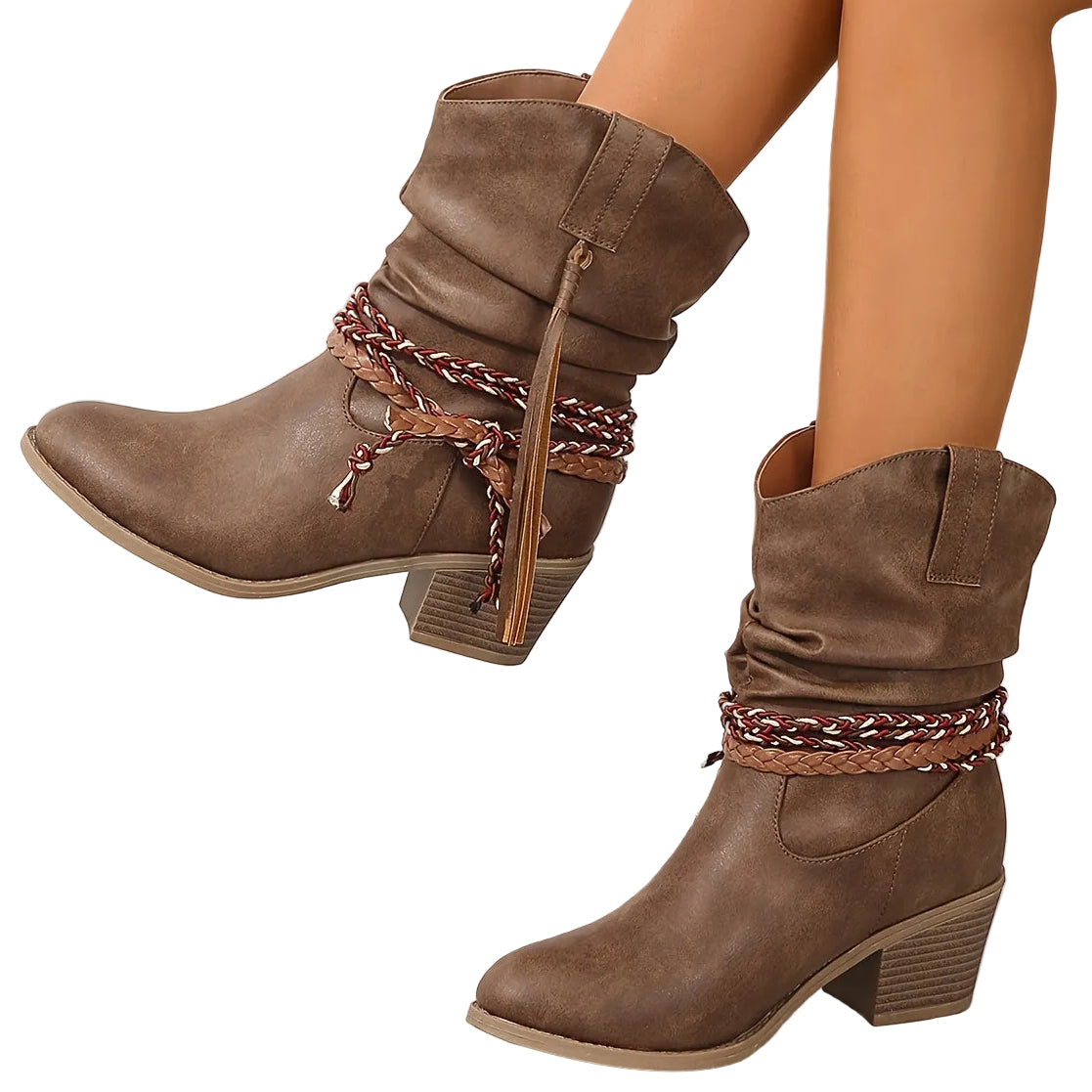 Ingrid brown slouch cowboy ankle boots worn