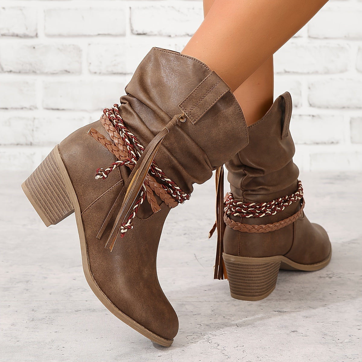 Ingrid brown slouch Western ankle boots with braided strap, tassel and block heel