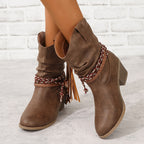 Ingrid brown Western ankle boots front view with braided rope straps