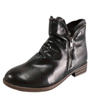 Isolde black faux-leather ruched ankle boots with double side zip and low block heel