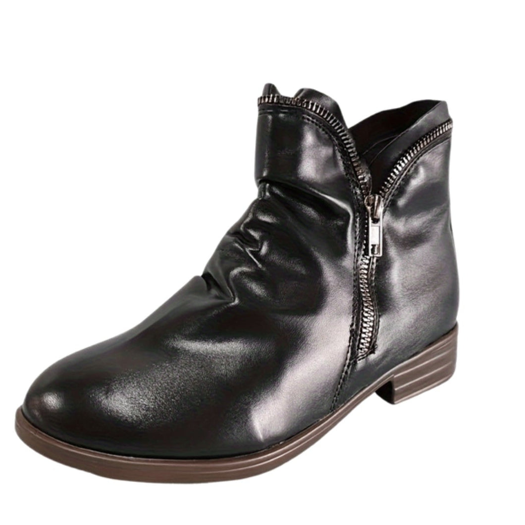 Isolde black faux-leather ruched ankle boots with double side zip and low block heel