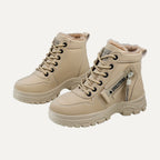 Kenna beige fleece-lined lace-up platform ankle boots, front view