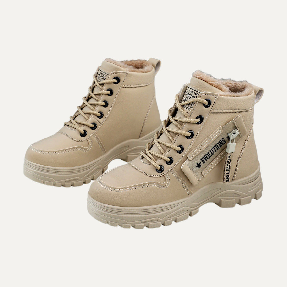 Kenna beige fleece-lined lace-up platform ankle boots, front view