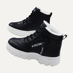Kenna black fleece-lined lace-up platform ankle boots, front view