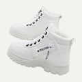 Kenna white fleece-lined lace-up platform ankle boots, front view