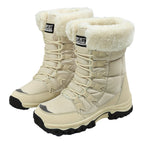 Linnea beige snow boots with faux-fur cuff and lace-up front, pair