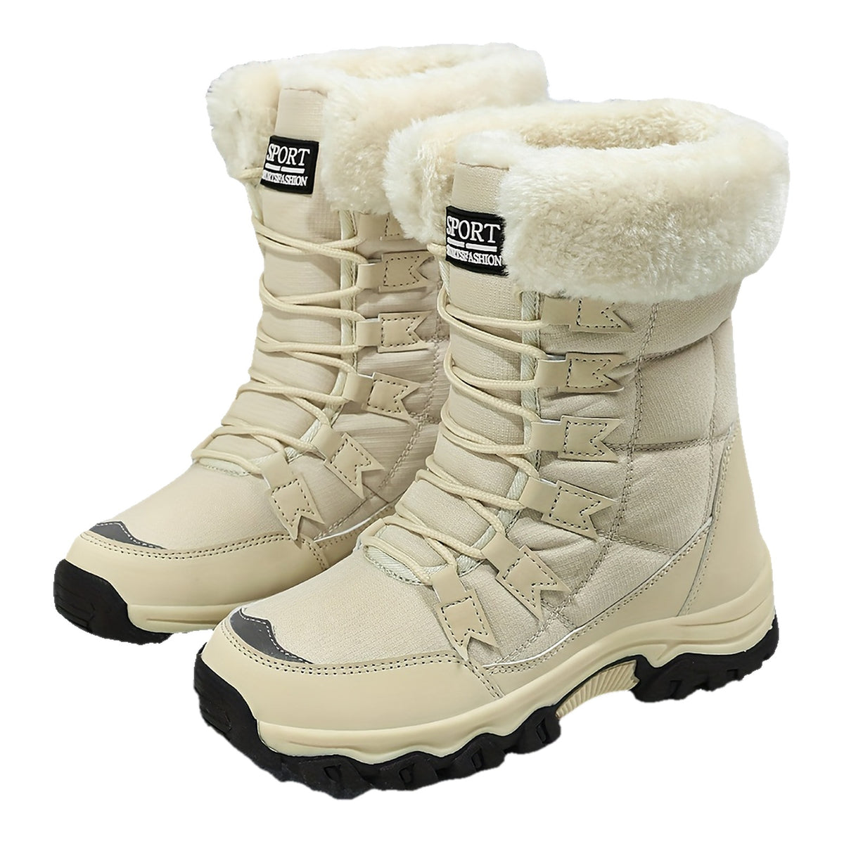 Linnea beige snow boots with faux-fur cuff and lace-up front, pair