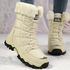 Linnea beige fleece-lined snow boots worn in the snow