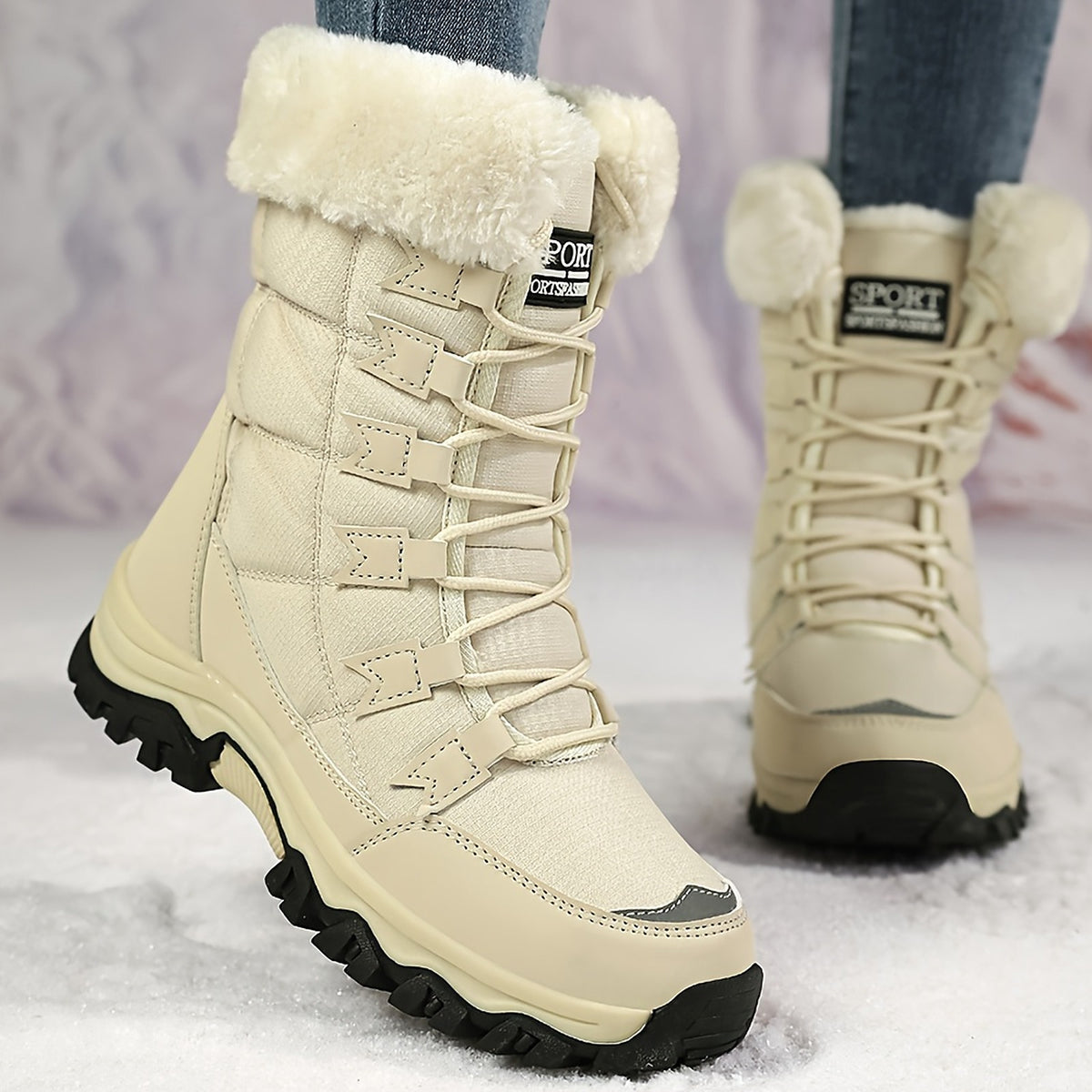 Linnea beige fleece-lined snow boots worn in the snow