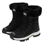 Linnea black snow boots with faux-fur cuff and lace-up front, pair