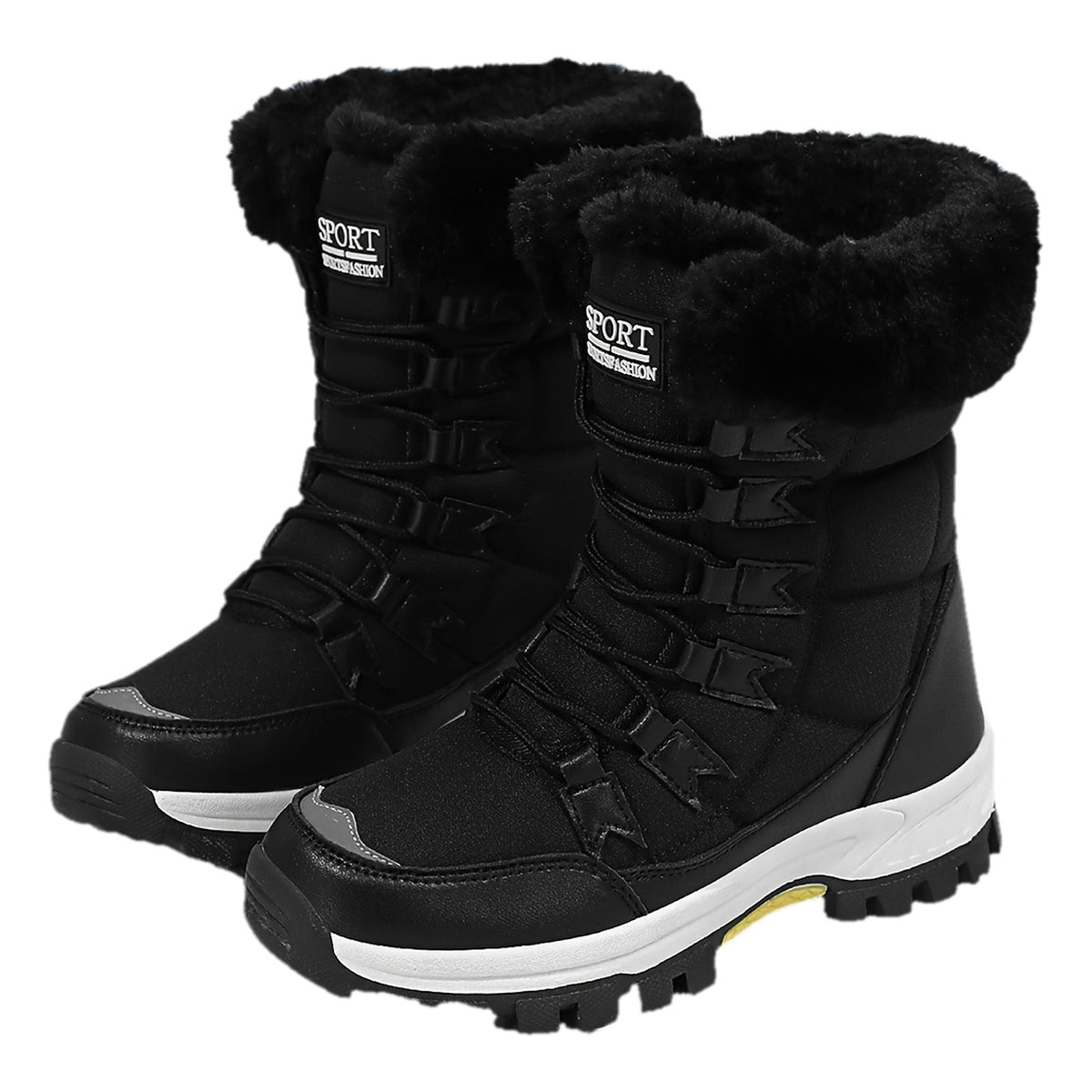 Linnea black snow boots with faux-fur cuff and lace-up front, pair