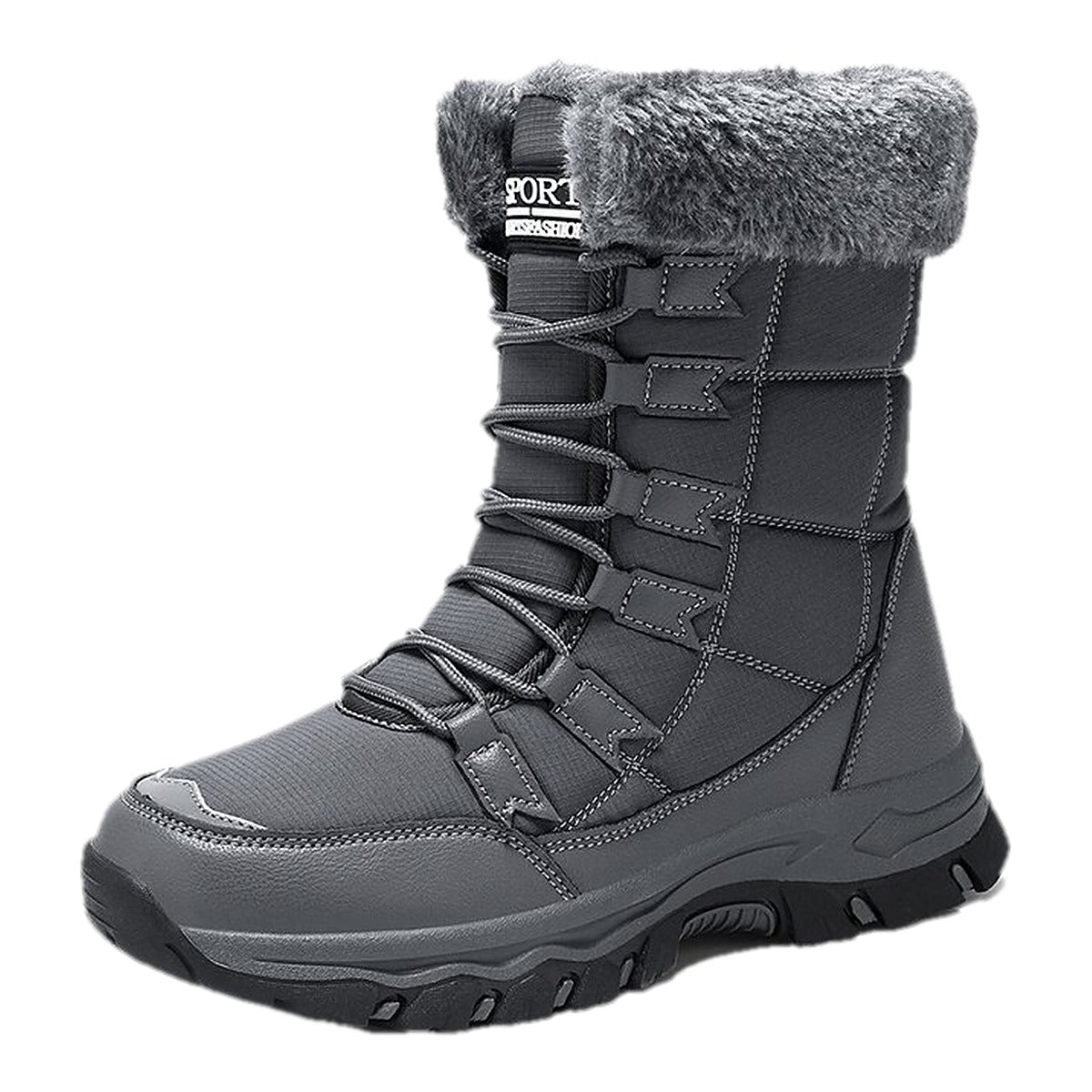 Linnea grey snow boot with faux-fur cuff and chunky lug sole
