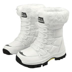 Linnea white snow boots with faux-fur cuff and lace-up front, pair