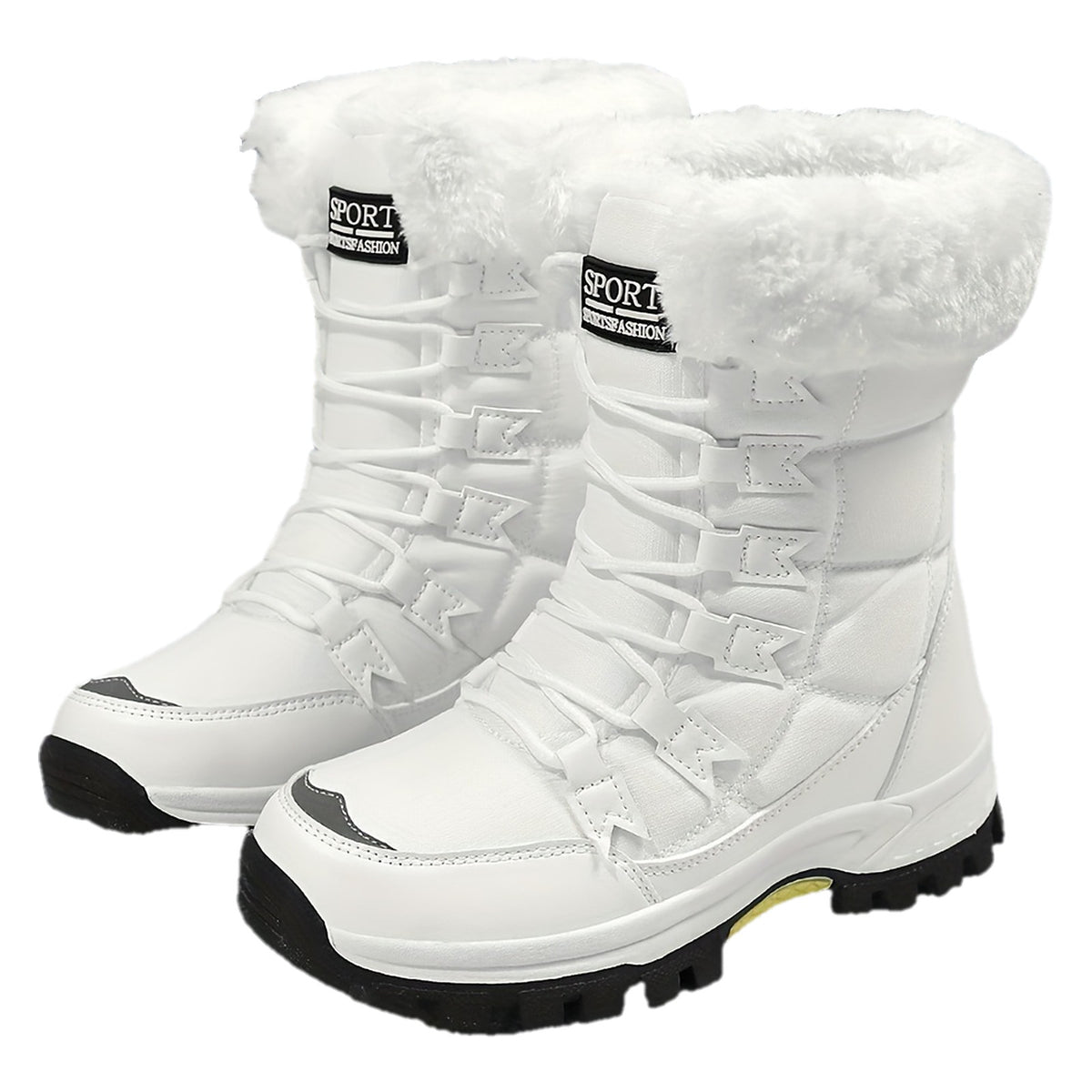Linnea white snow boots with faux-fur cuff and lace-up front, pair