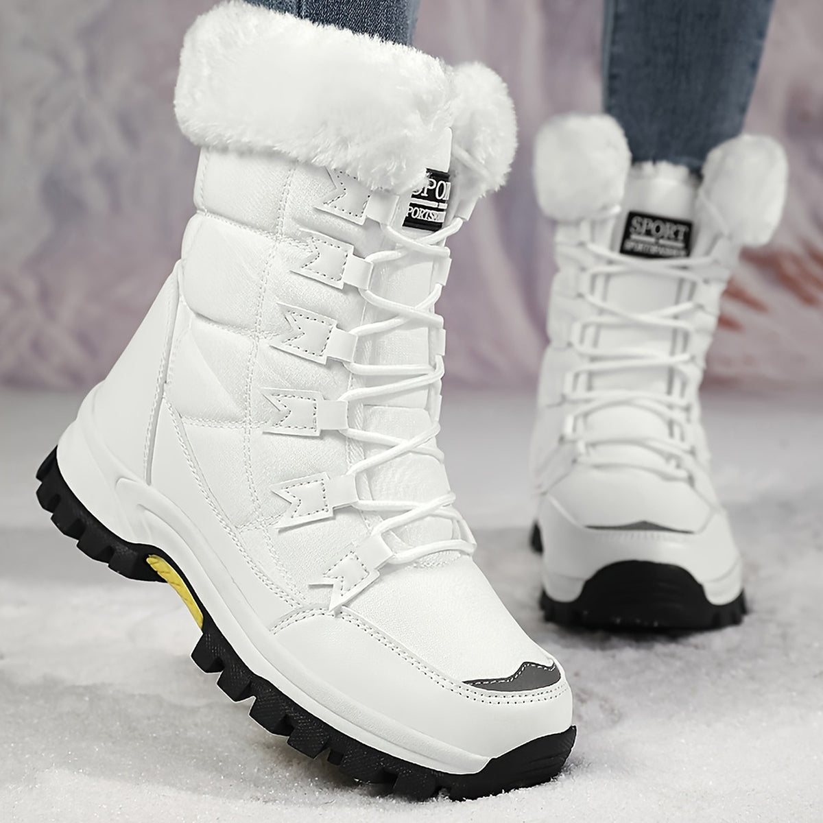 Linnea white fleece-lined snow boots worn in the snow