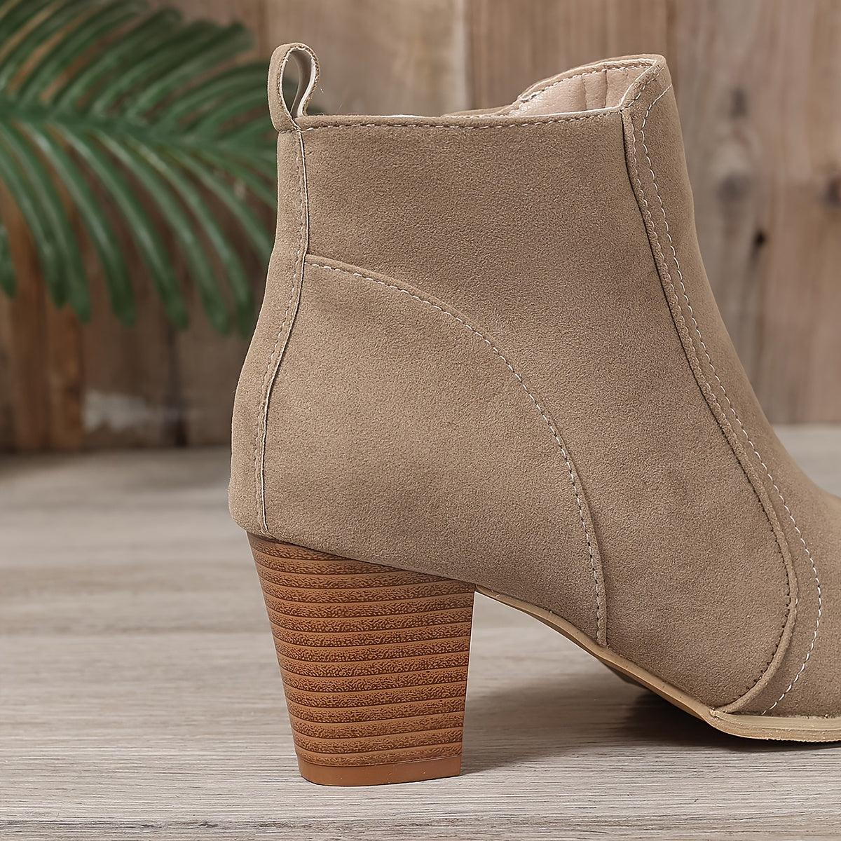 Liv beige ankle boot, stacked-effect block heel close-up