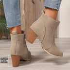 Liv beige ankle boot back view with heel height marked