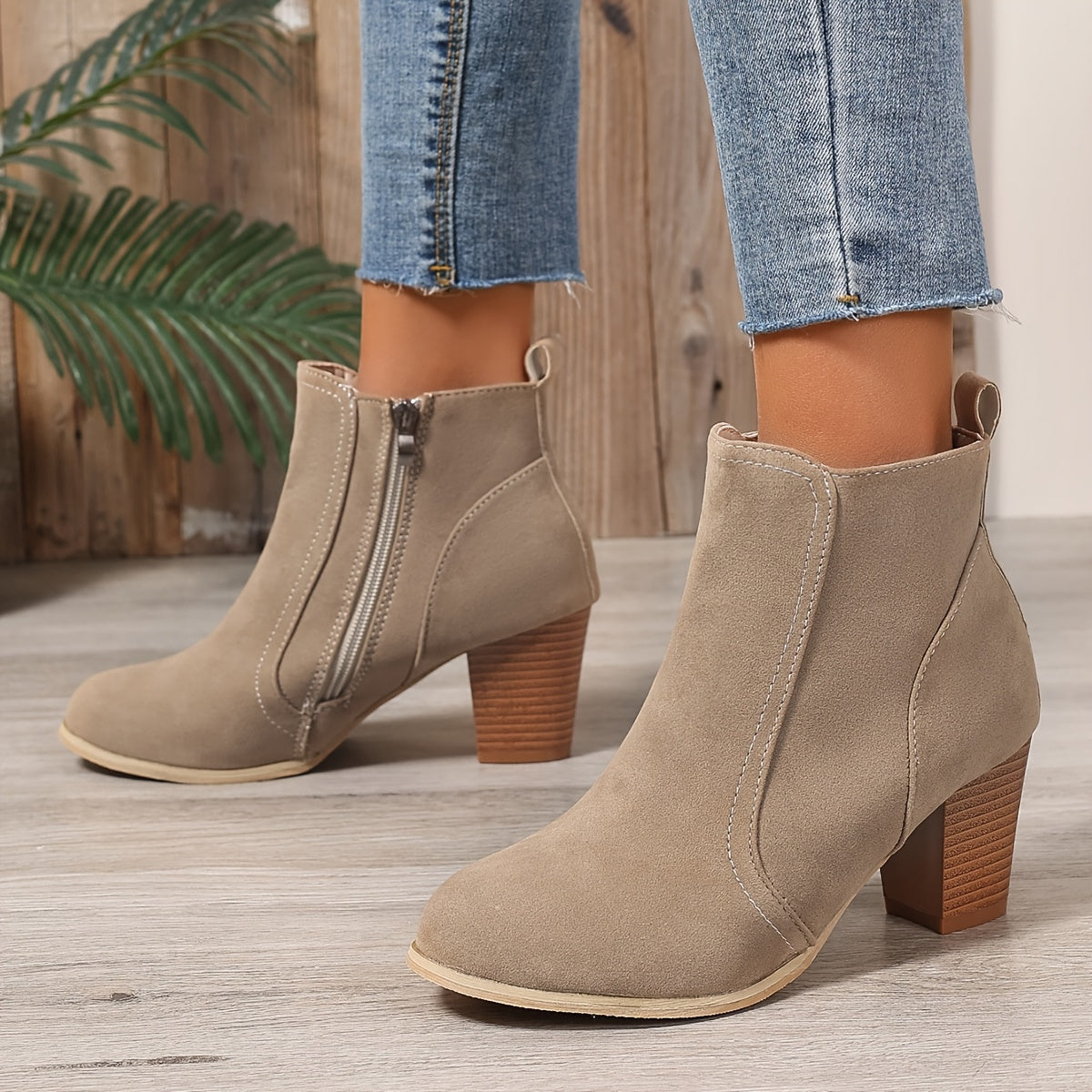 Liv beige ankle boots showing the inside zip