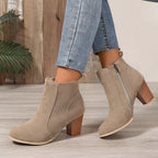 Liv beige suede-effect block heel ankle boots worn with jeans