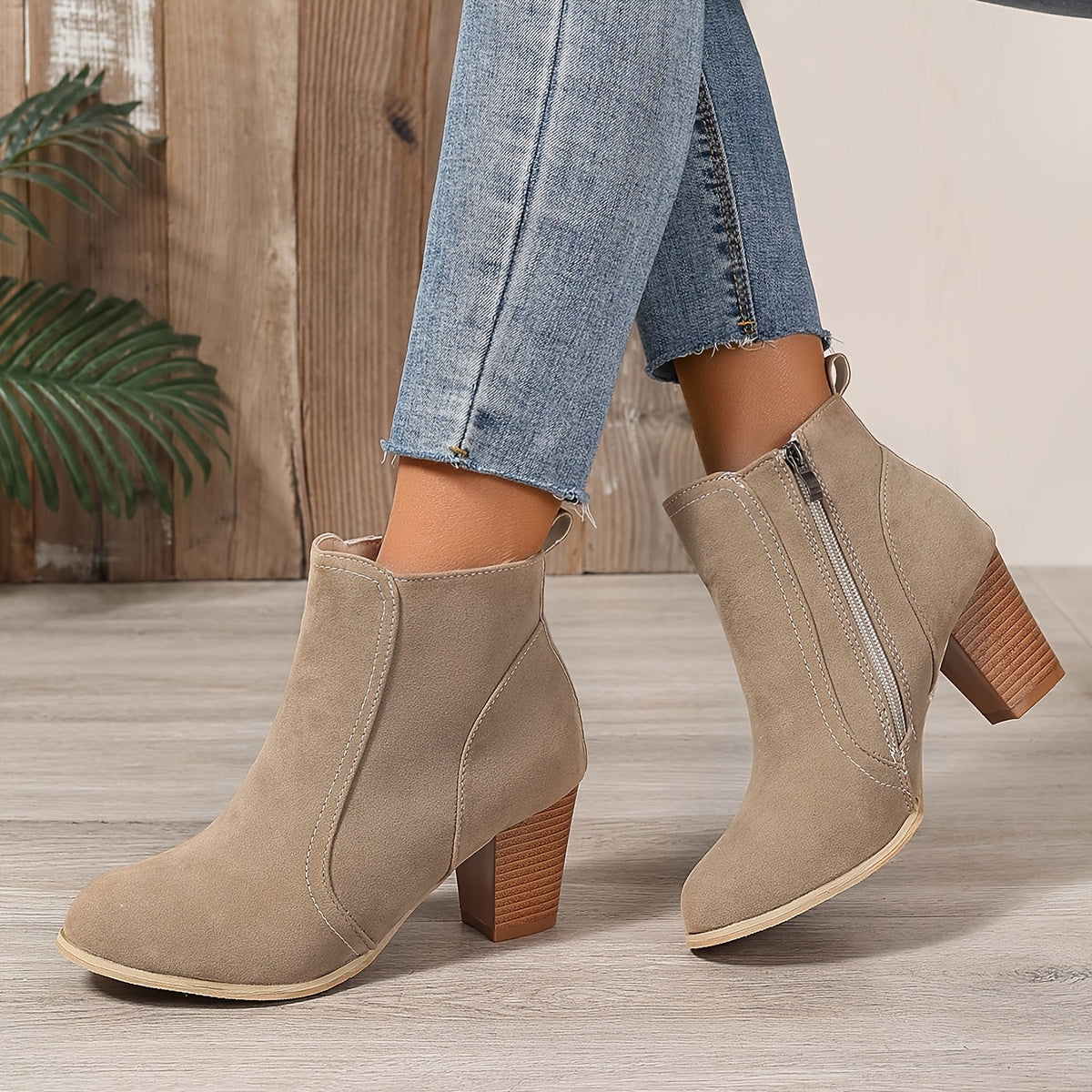 Liv beige suede-effect block heel ankle boots worn with jeans