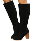 Malin black faux-suede pointed toe knee-high boots, front view