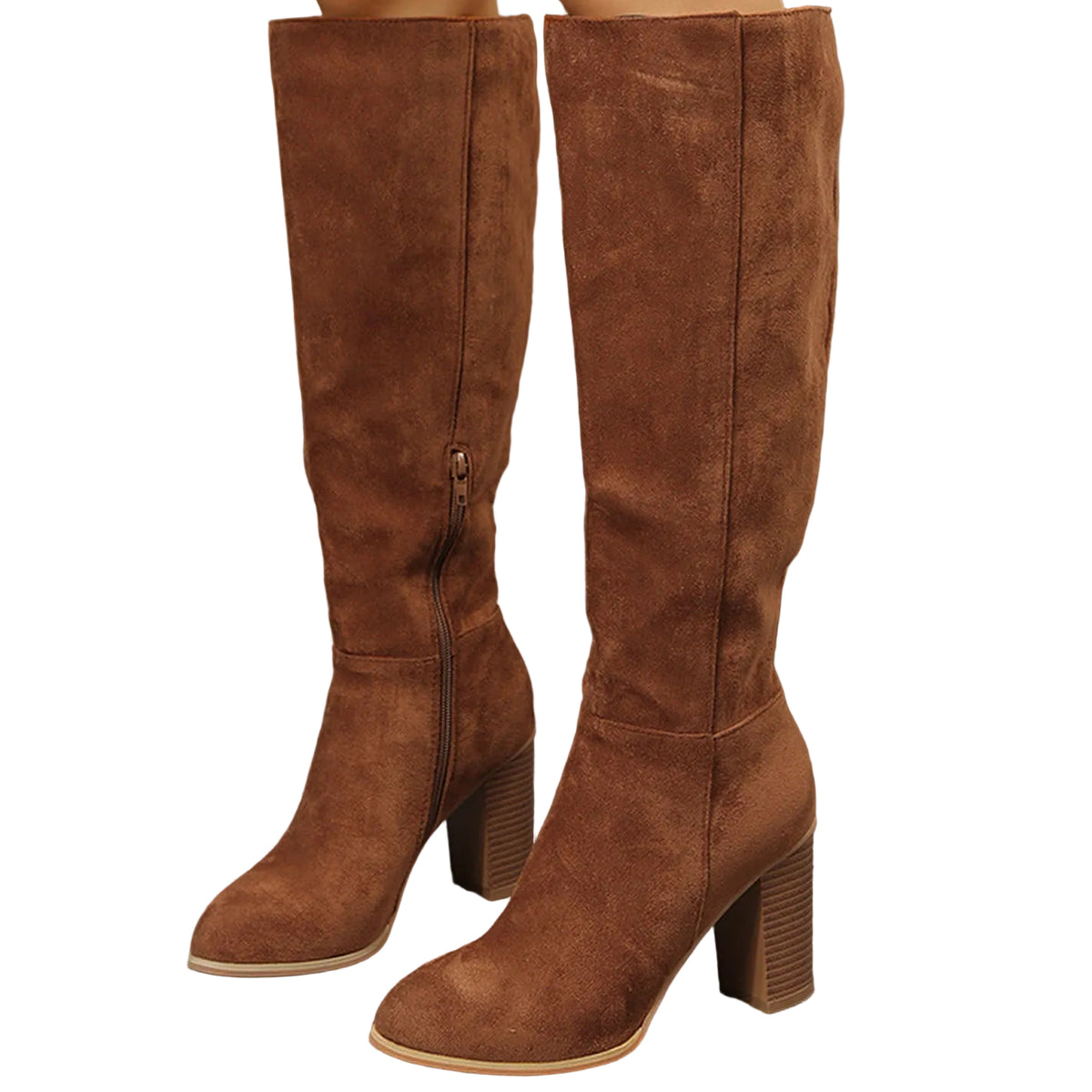 Malin brown faux-suede knee-high boots, front view