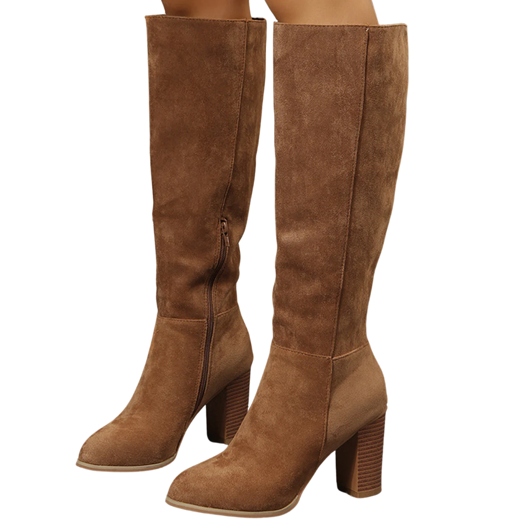 Malin tan faux-suede knee-high boots, front view
