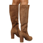 Malin tan knee-high boots, back view with side zip