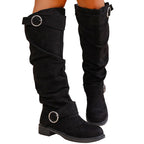 Maren black flat faux-suede slouch boots with ring buckles
