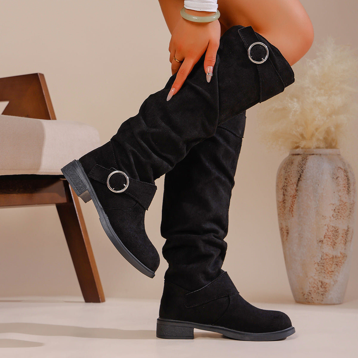 Maren black slouch boots side view