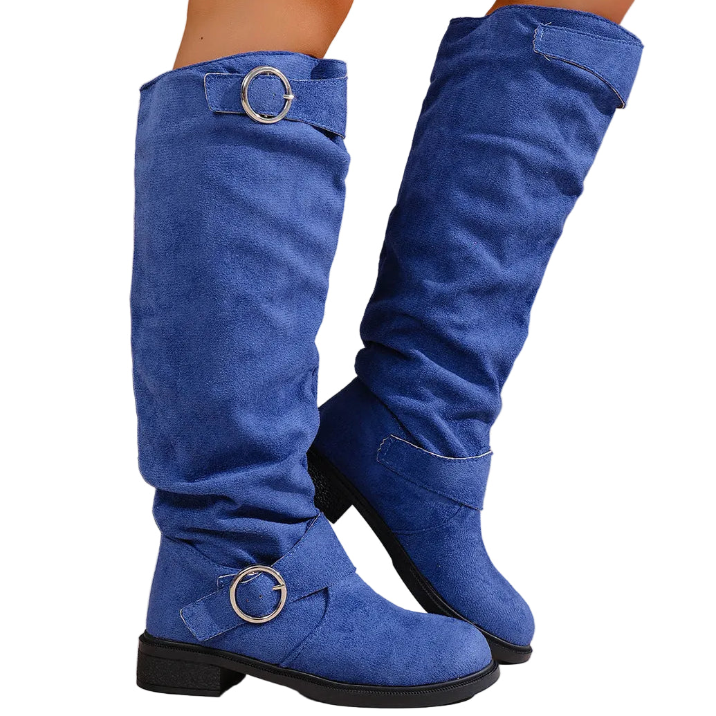 Maren blue flat faux-suede slouch boots