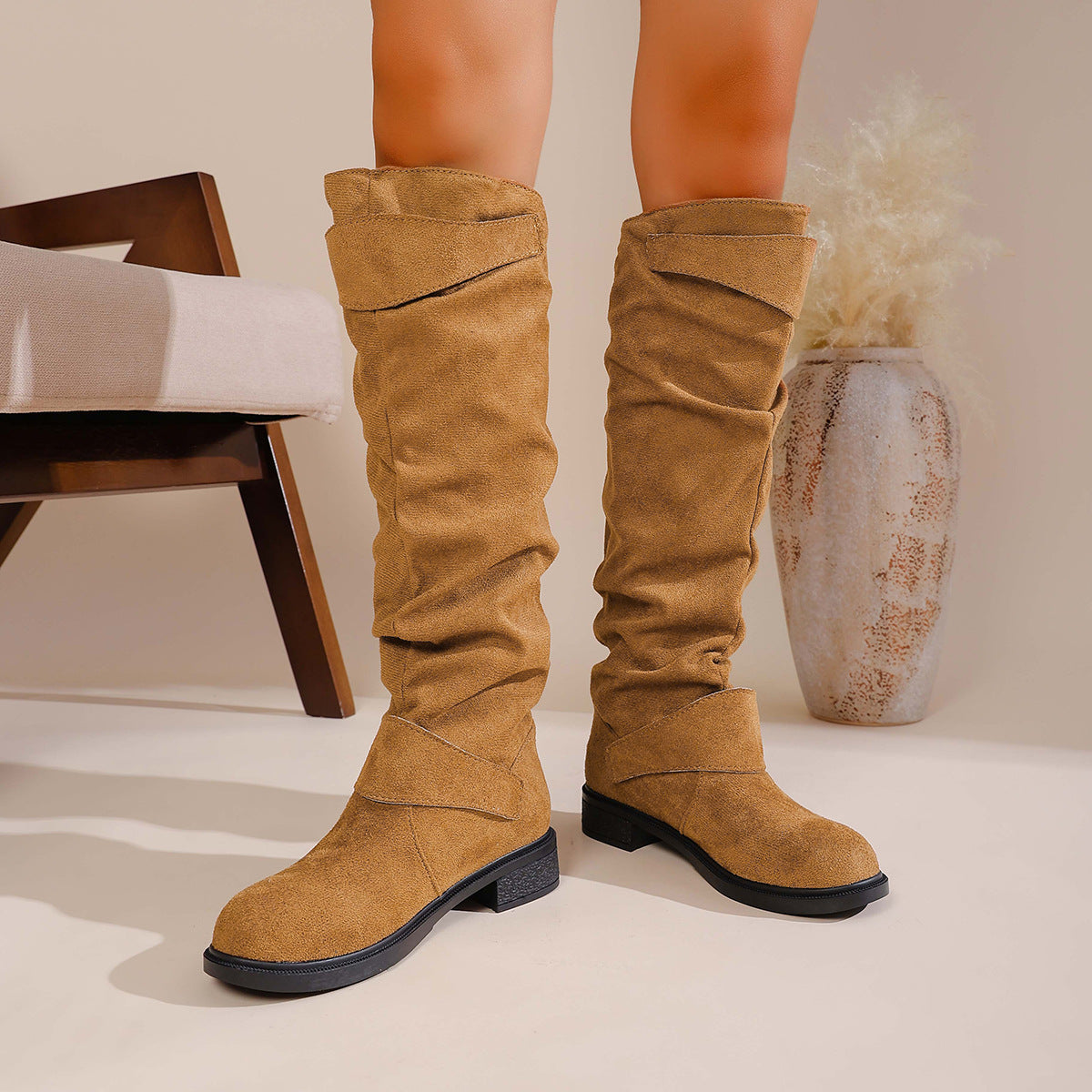 Maren camel flat faux-suede slouch boots
