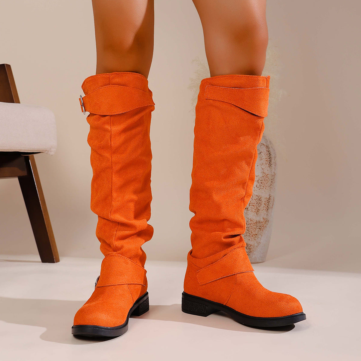 Maren orange flat faux-suede slouch boots