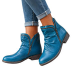 Isolde blue ruched ankle boots worn with jeans