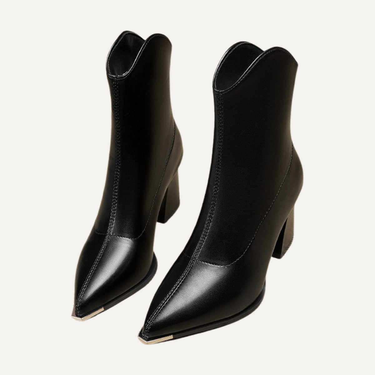 Odette pointed block heel ankle boots in black with metal toe tip