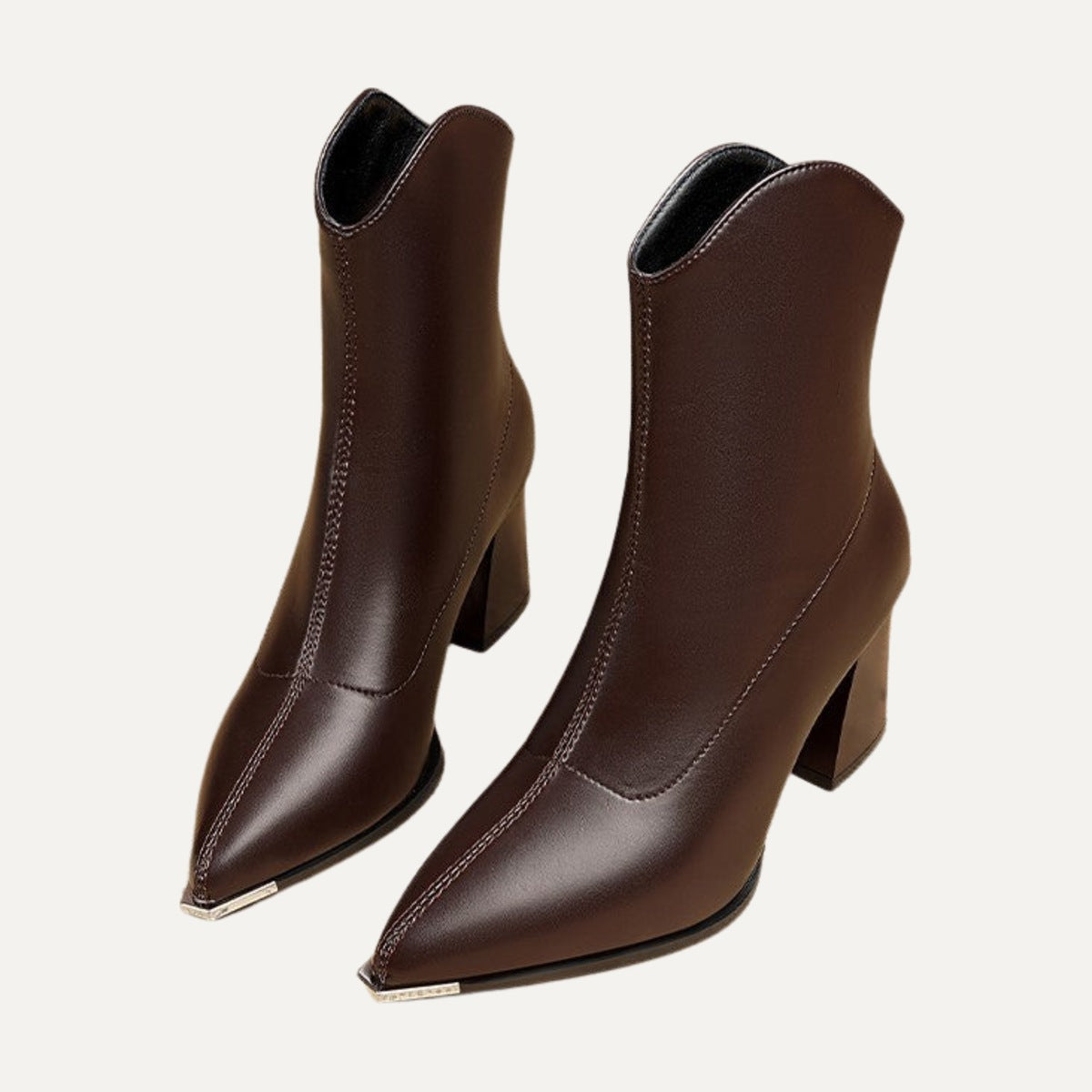 Odette pointed block heel ankle boots in brown with metal toe tip