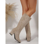 Odile beige knee-high boots block heel from behind