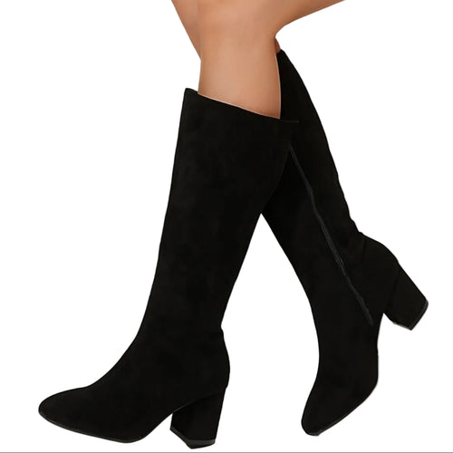 Odile black faux-suede knee-high boots with pointed toe and block heel