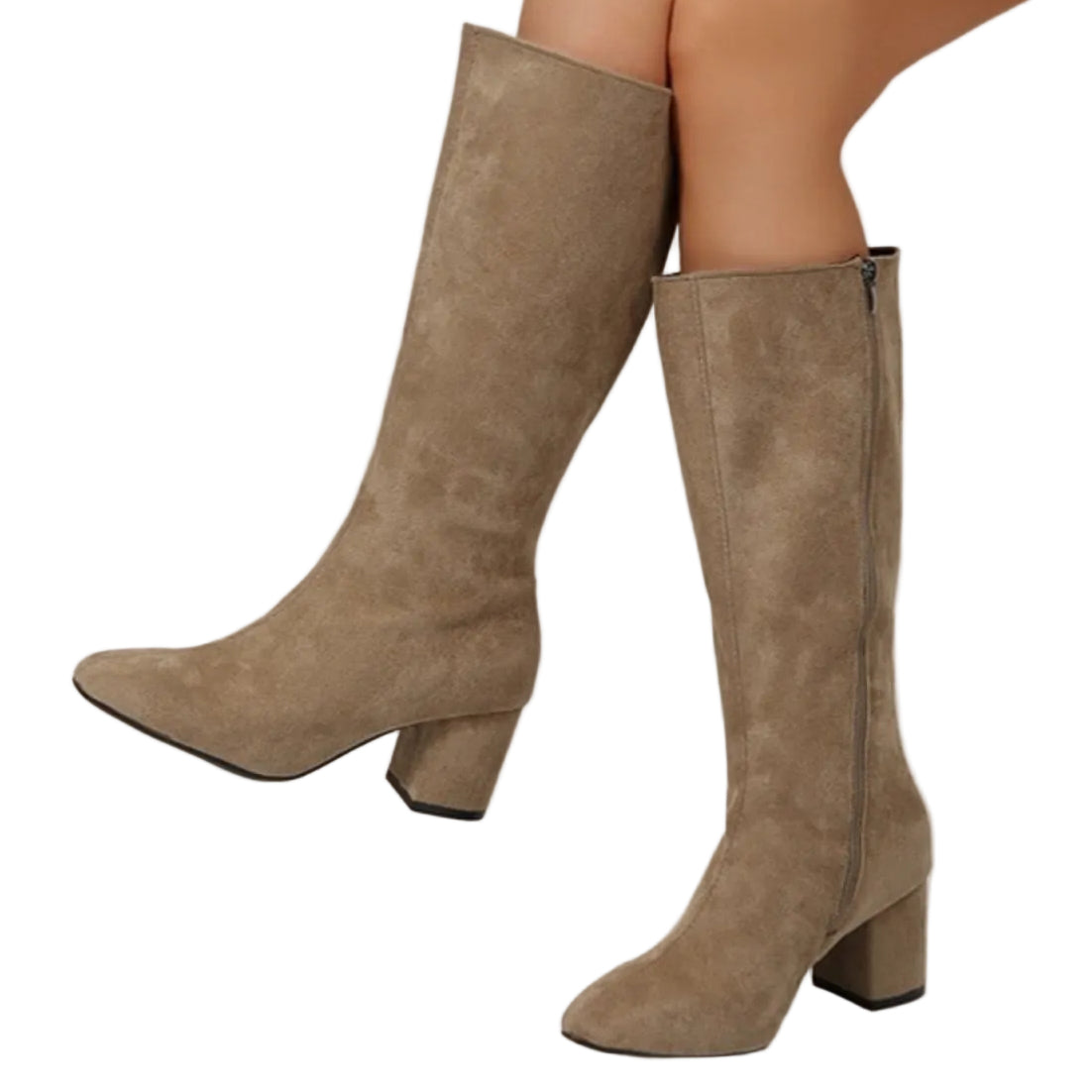 Odile khaki knee-high boots worn seated