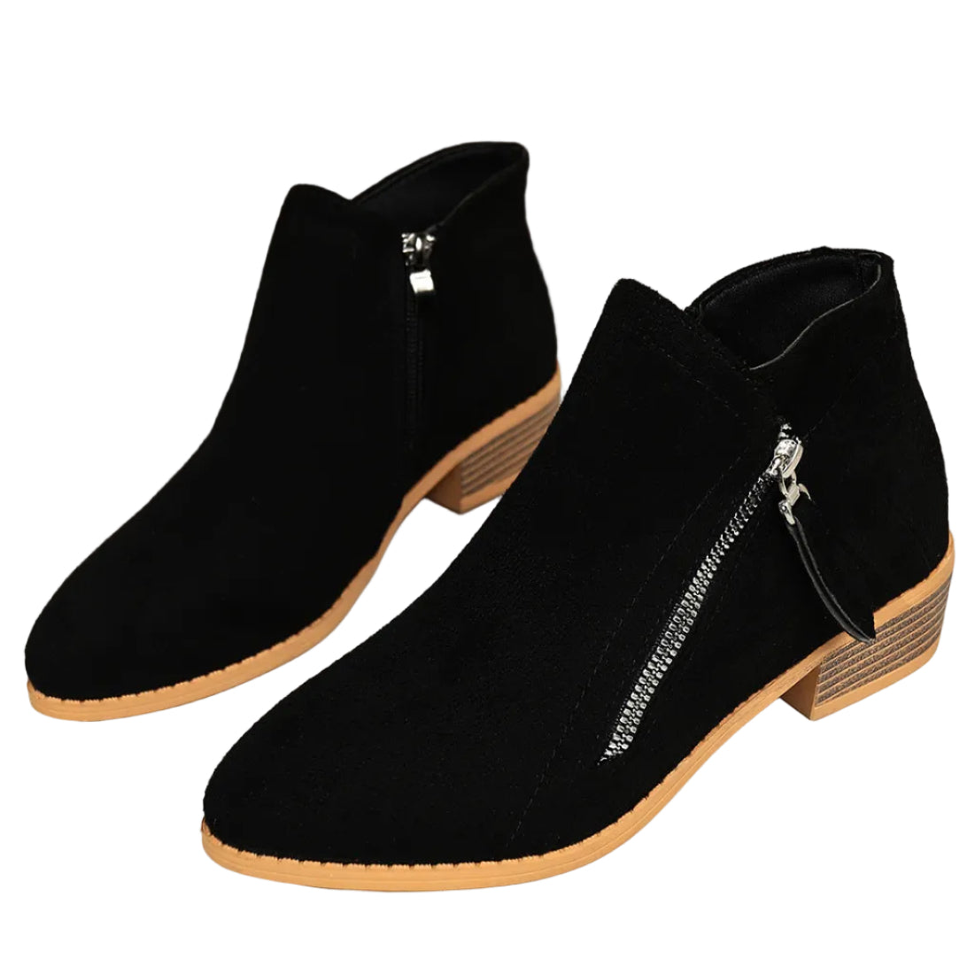 Poppy black faux suede ankle boots with diagonal zip and block heel